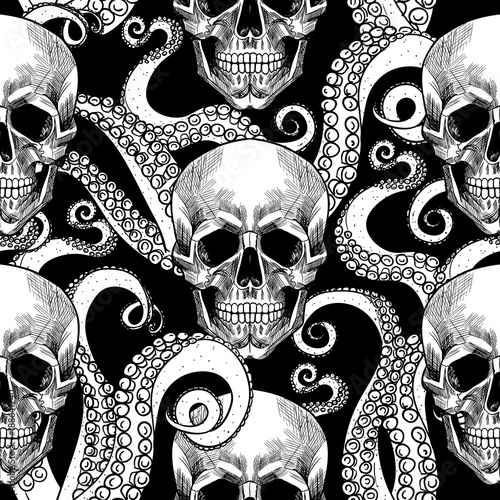Skull and tentacles of the octopus .Vector seamless pattern