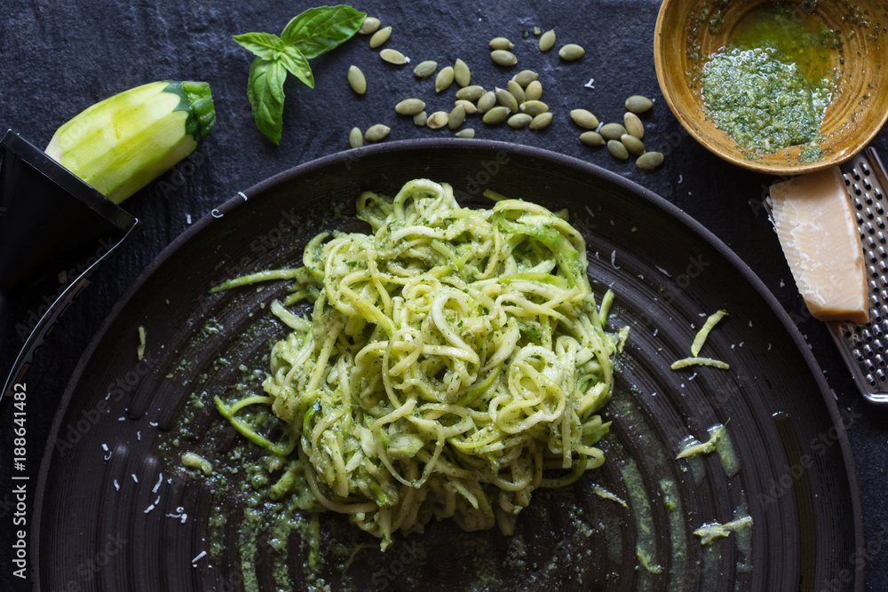 Foto de Eating Healthy Keto Zucchini Noodles. Spaghetti noodles made