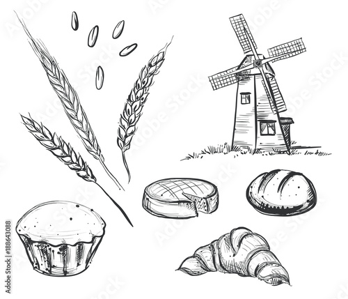 Hand drawn black and white illustration of old mill, bread, wheat ear. sketch. Vector eps 8.