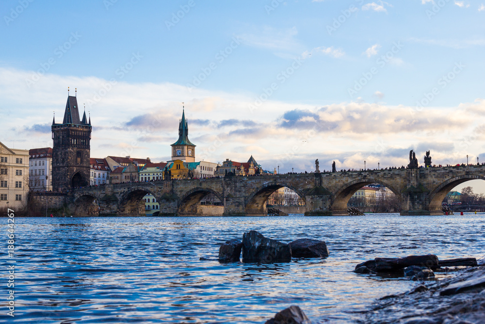 Obraz premium Pedestrians only Charles Bridge a.k.a. Stone Bridge, Kamenny most, Prague Bridge, Prazhski most over Vltava river in Prague, Czech Republic.