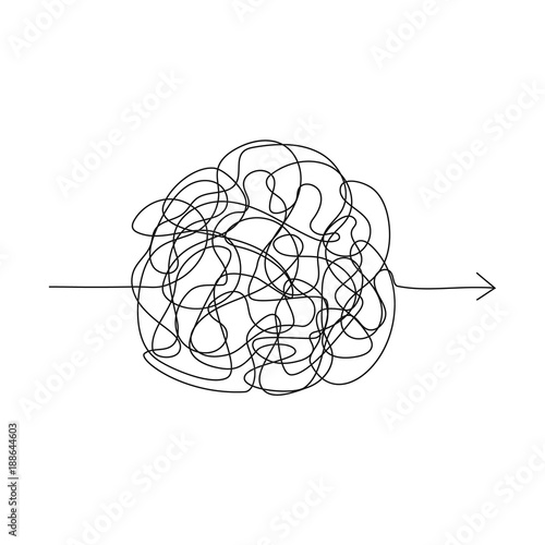 Vector symbol of complicated way with scribbled round element, chaos sign, pass the way linear arrow with clew or tangle ball in center photo