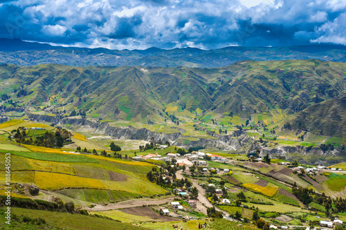 Settlement in the valley of the Andes mountains. Settlement in the mountains. Mountains of the Andes. Ecuador. Travel around Ecuador by car. © Grispb