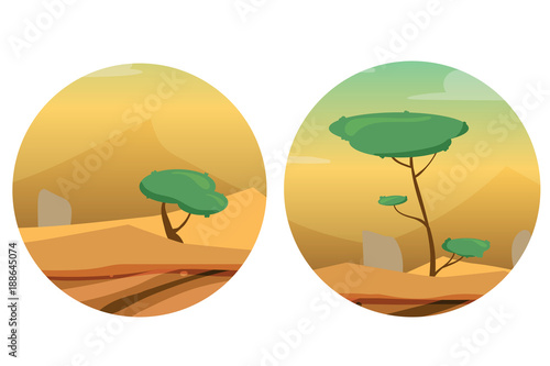 Round Illustrations with Desert, Dunes, Trees and Stones