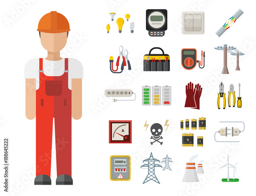 Energy electricity vector power icons battery illustration industrial electrician voltage electricity factory safety socket technology