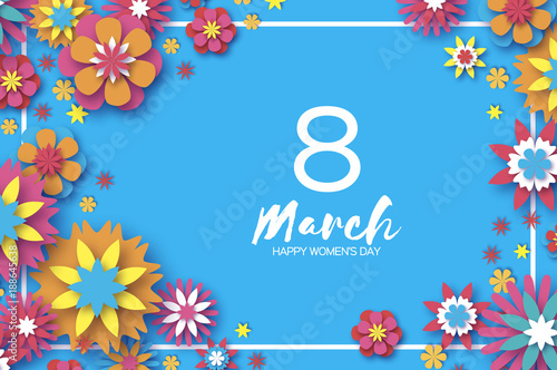 Fototapeta Naklejka Na Ścianę i Meble -  8 March. Happy Women's Day. Colorful Paper cut Floral Greeting card. Origami flower. Rectangle frame. Text. Happy Mother's Day. Text. Spring blossom. Seasonal holiday on blue sky. Trendy decoration.