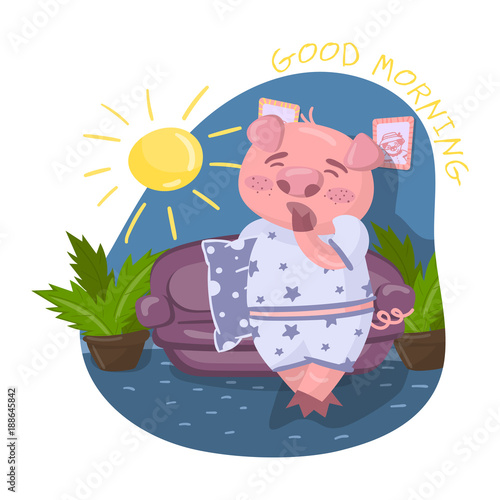 Cute pig character wearing pajamas yawning in living room, Good morning vector Illustration in cartoon style, design element for poster or banner