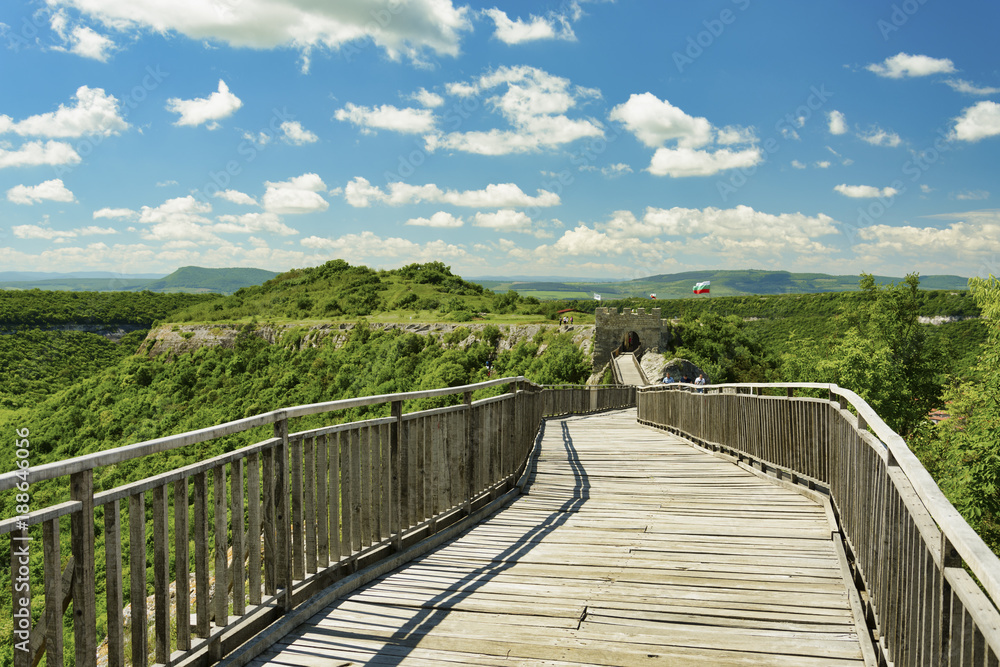 Wooden bridge of ancient fortress. Ovech Fortress, Provadia, Bulgaria