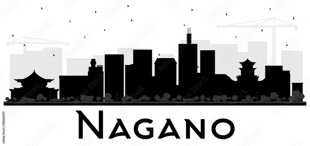 Nagano Japan City Skyline Black and White Silhouette.