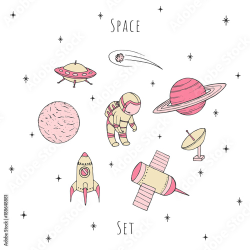 Hand drawn vector space elements: cosmonaut, satelites, rocket, planets, falling star and UFO. Cosmos set in pastel girlish colors isolated on the white background.