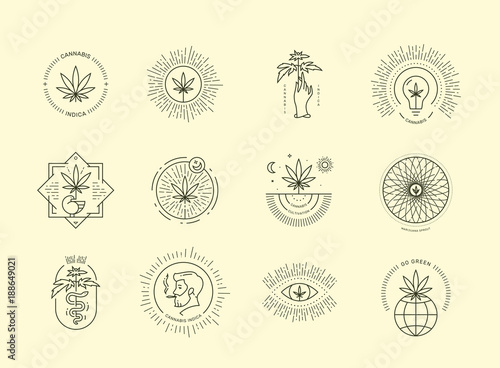 Fototapeta Naklejka Na Ścianę i Meble -  Cannabis emblem set on beige background