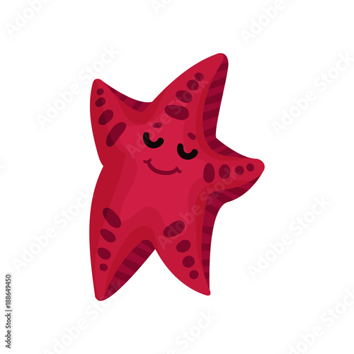 Cute funny cartoon starfish character in burgundy color  invertebrate sea animal cartoon vector Illustration