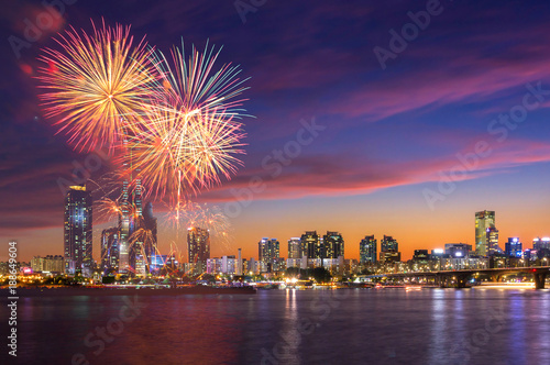 Seoul Fireworks Festival in Night city at Yeouido, South Korea.