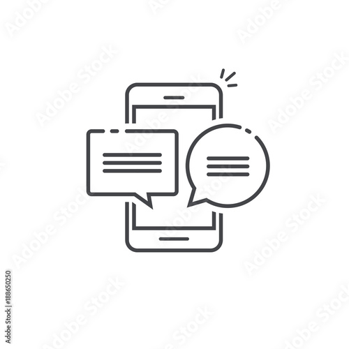 Smartphone chat message notifications icon vector illustration isolated, line outline art mobile phone and chatting bubble speeches, concept of cellphone online talking, speak, conversation, dialog