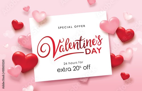 Happy Valentines Day sale poster with pink and red hearts
