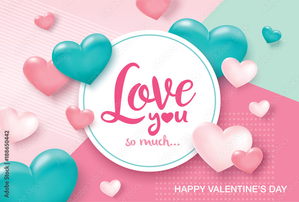 Happy Valentines Day greeting card with sweet and lovely hearts background