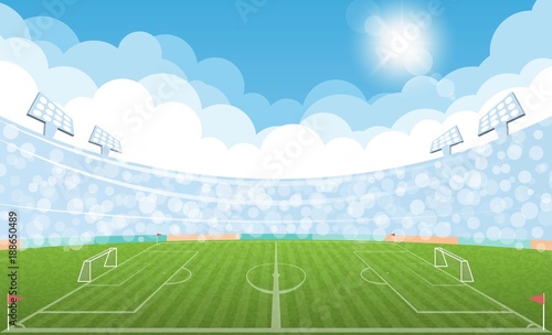 Football arena field with lights sun daytime vector design. Vector illustration