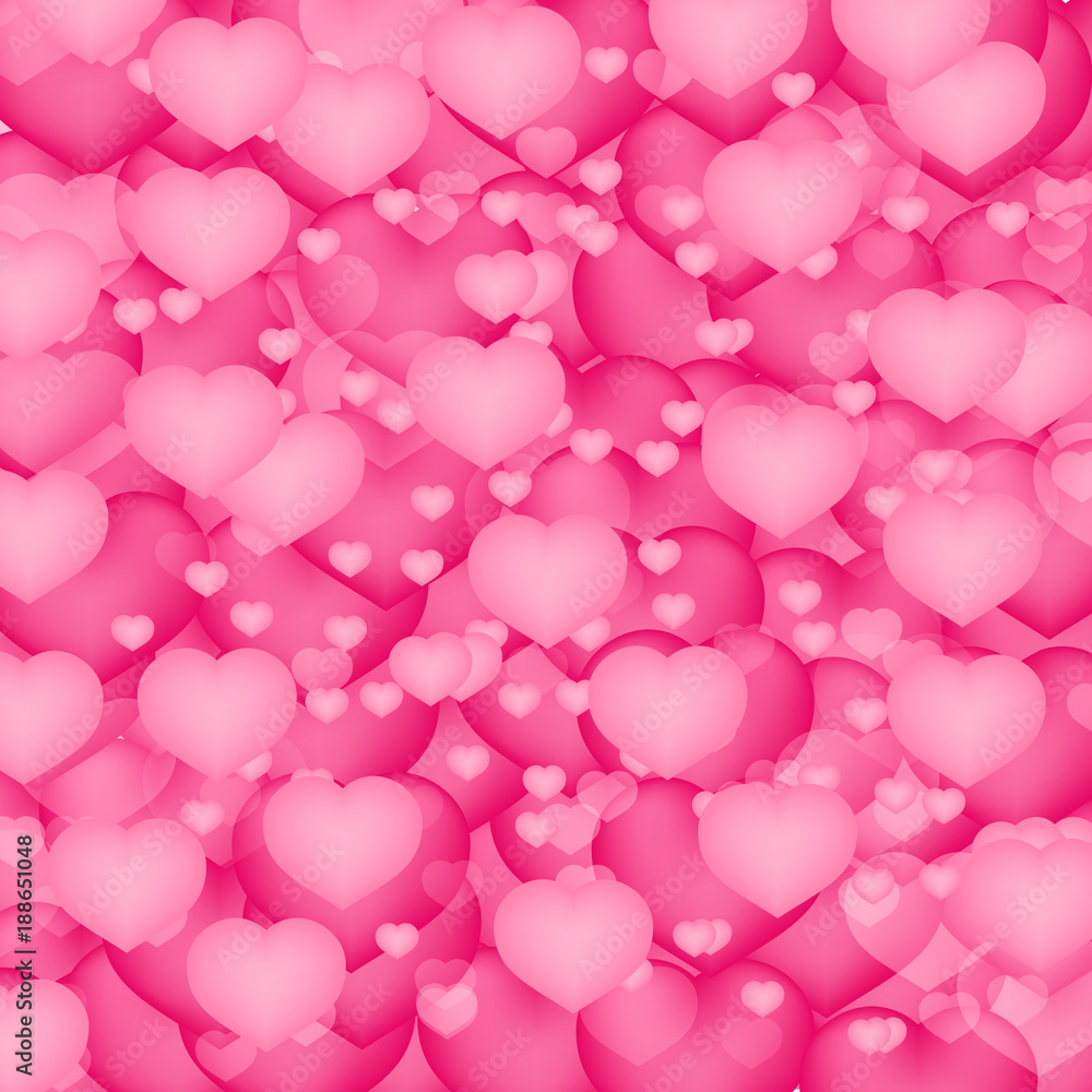 Soft pink hearts 3d background. Valentine’s day shiny greeting card. Romantic vector illustration. Easy to edit design template.