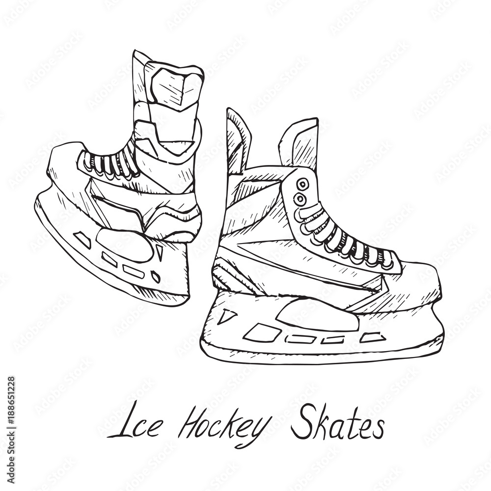 Ice hockey skates, hand drawn doodle sketch with inscription, isolated