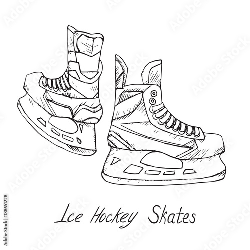 Ice hockey skates, hand drawn doodle sketch with inscription, isolated vector outline illustration
