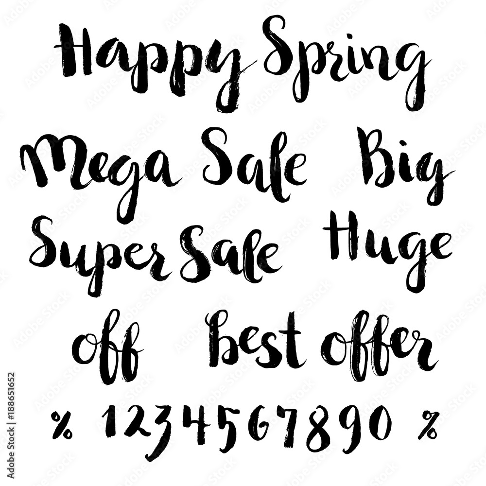 Spring sale lettering set with numbers. Hand drawn phrases. Brush strokes texture.