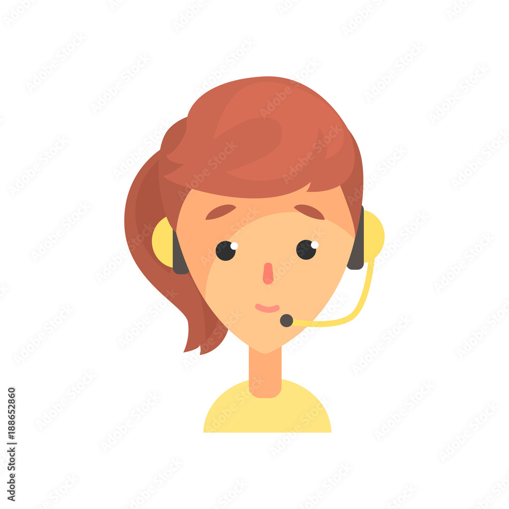 Female call center worker, online technical support service assistant with headphones, cartoon vector Illustration Female call center worker, online technical support service assistant with headphones, cartoon vector Illustration