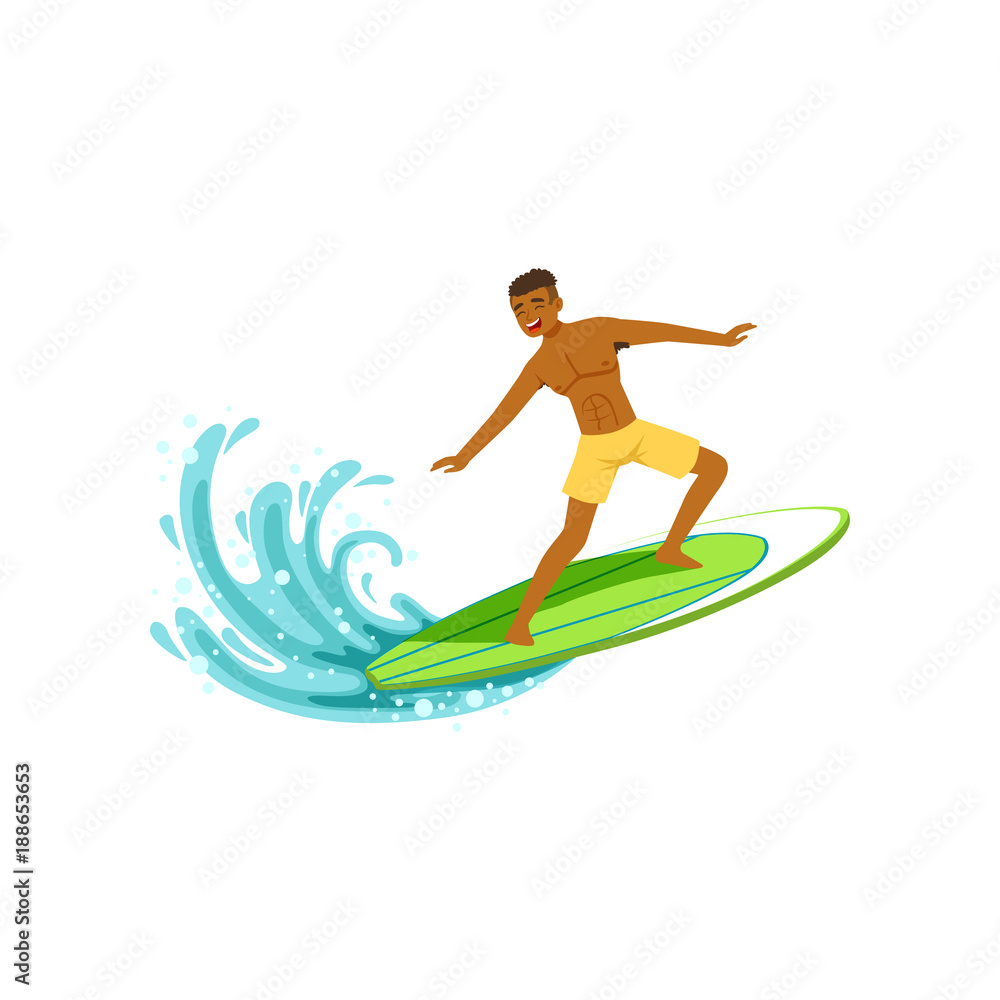 Smiling african american man with surfboard standing and riding on the ocean wave, water extreme sport, summer vacation vector Illustration Smiling african american man with surfboard standing and riding on the ocean wave, water extreme sport, summer vacation vector Illustration