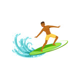 Smiling african american man with surfboard standing and riding on the ocean wave, water extreme sport, summer vacation vector Illustration