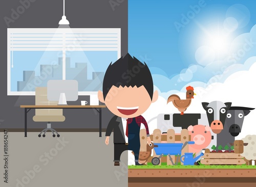 Vector illustration of a happy face businessman. a concept of balancing personal life between office and Men organic agriculture.