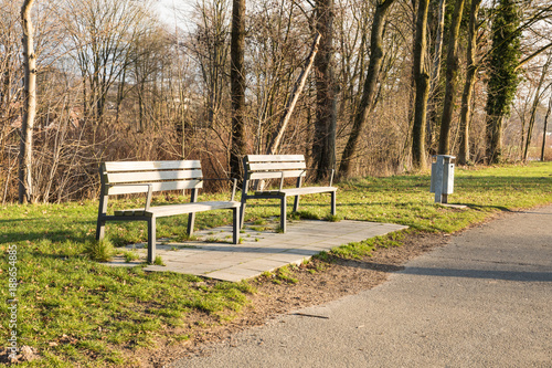 bench in a park in winter on sunny day