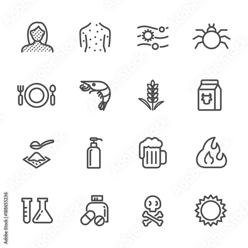 Thin lines web icon set. Causes Chronic Allergies and Allergy Symptoms and Treatment. Vector line icon
