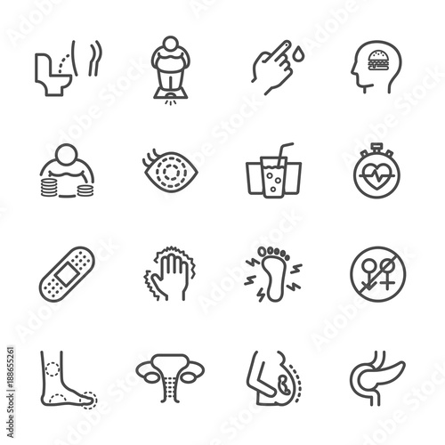 Diabetes Symptoms, Simple thin line healthcare and medical icons set, Vector icon design