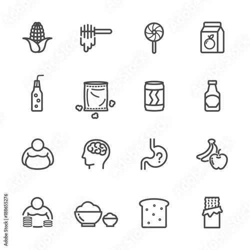 Foods with high fructose corn syrup and its health effects. Vector line icon.