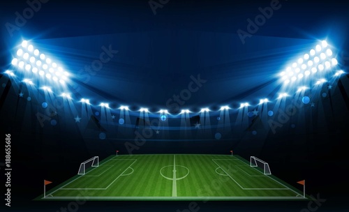 Football arena field with bright stadium lights vector design. Vector illumination
