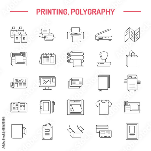 Printing house flat line icons. Print shop equipment - printer, scanner, offset machine, plotter, brochure, rubber stamp. Thin linear signs for polygraphy office, typography.