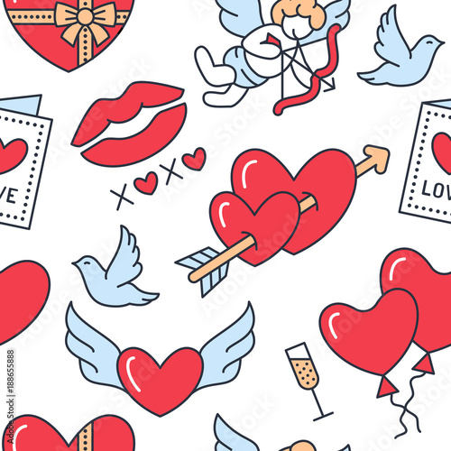 Valentines day seamless pattern. Love, romance flat line icons - hearts, chocolate, kiss, Cupid, doves, valentine card. Red white blue wallpaper for february 14 celebration.