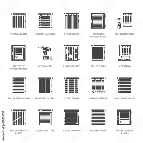 Window blinds, shades vector glyph icons. Various room darkening decoration, roller shutters, roman curtains, horizontal vertical jalousie. Interior design solid silhouette signs for house decor shop.