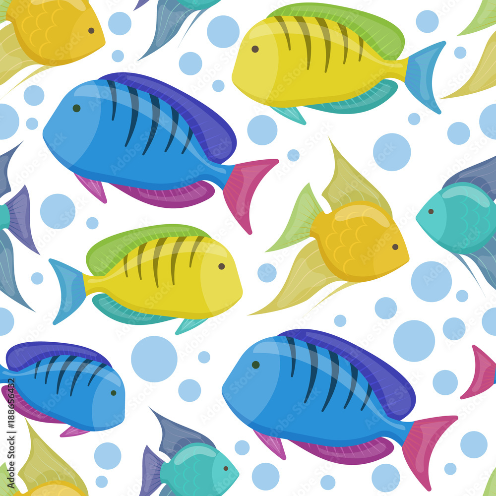 Seamless pattern of tropical sea fishes, cartoon illustration of beach summer background. Vector