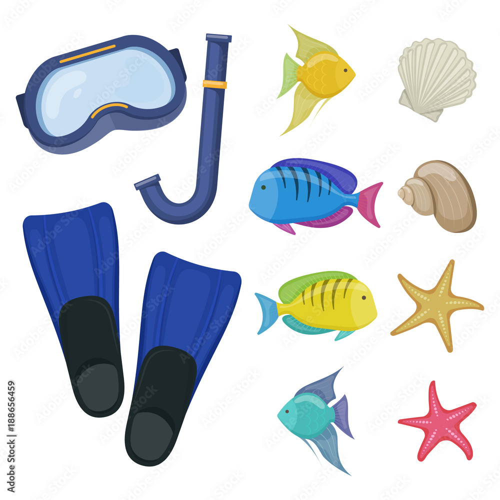 Diving mask and flippers on white background, cartoon illustration of beach accessories for scuba diving. Vector