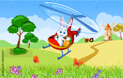 Easter greeting card hare delivery painted eggs helicopter landscape mountains fields tractor mill trees trees cartoon style 
