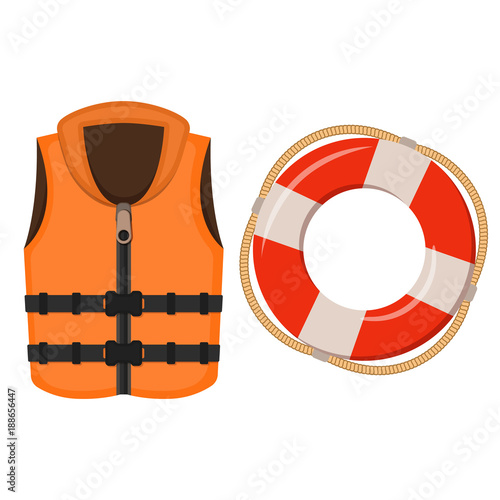 Life jacket and life buoy on white background, cartoon illustration of beach accessories for summer holidays. Vector