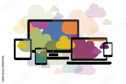 Cloud computing flat illustration with personal computer, laptop, touch screen phone, tablet and phablet