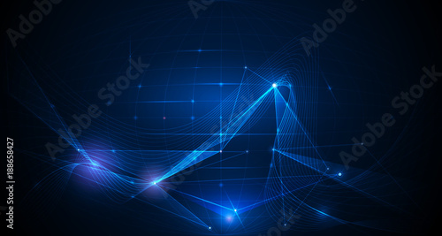 Abstract futuristic - Molecules technology with linear and polygonal pattern shapes with mesh lines and bright glitter on dark blue background. Illustration Vector design digital technology concept