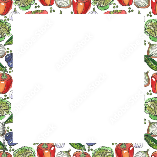 Watercolor seamless pattern. Hand painted vegetables . Frame. Broccoli, garlic, tomatoes, onion, cucumber.