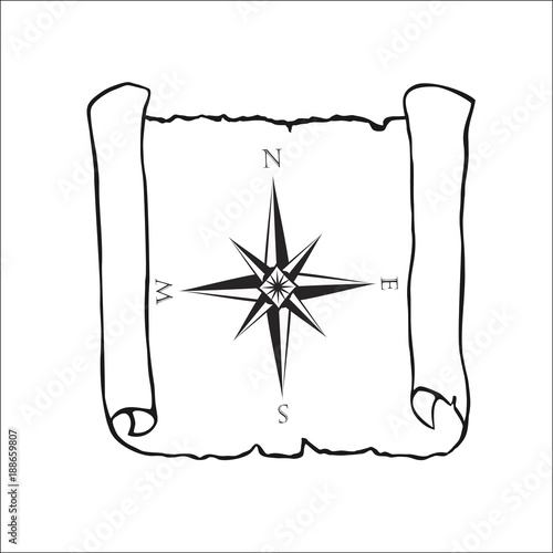 Map with wind rose, nautical compass. 