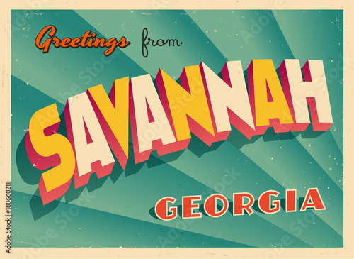 Vintage Touristic Greeting Card From Savannah, Georgia - Vector EPS10. Grunge effects can be easily removed for a brand new, clean sign.