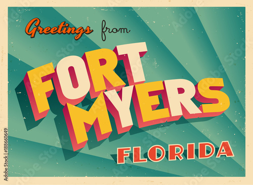 Vintage Touristic Greeting Card From Fort Myers, Florida - Vector EPS10. Grunge effects can be easily removed for a brand new, clean sign.