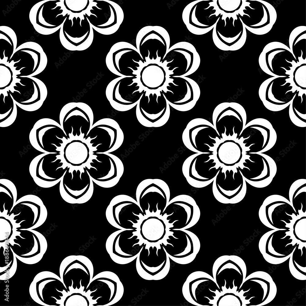White floral seamless pattern on black background White floral seamless pattern on black background