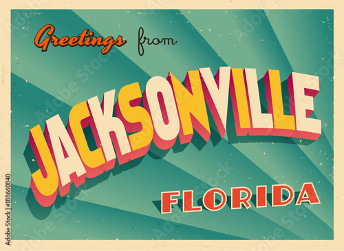 Vintage Touristic Greeting Card From Jacksonville, Florida - Vector EPS10. Grunge effects can be easily removed for a brand new, clean sign.