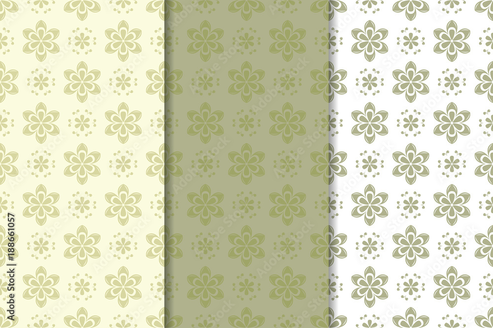 Set of  olive green floral backgrounds. Seamless patterns - obrazy, fototapety, plakaty 