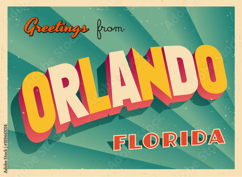Vintage Touristic Greeting Card From Orlando, Florida - Vector EPS10. Grunge effects can be easily removed for a brand new, clean sign. photo